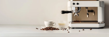 Modern Coffee Machine with Coffee Beans and Cups on a White Counter. Concept of Home Brewing, Espresso Making, Minimalist Kitchen, and Coffee Lover s Lifestyle. Banner. Copy space.の写真素材