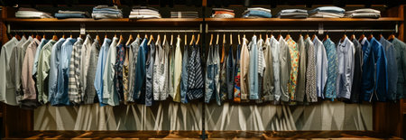 Row of colorful shorts neatly hung on hangers in a clothing store display, showcasing fashion...