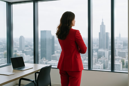 Businesswoman in red suit gazing out office window overlooking cityscape from high-rise building. concept of corporate career, professional ambition, urban environment.の写真素材