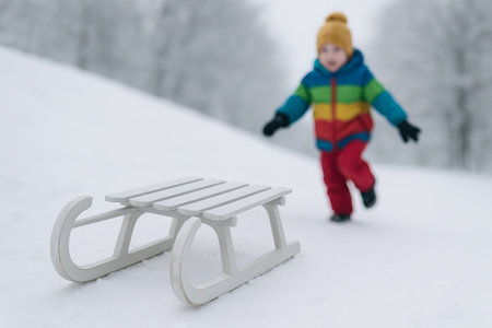 White sled on snowy hill with child playing in winter wonderland. concept of winter fun, childhood...