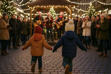 Children enjoy a festive outdoor concert by street musicians in a holiday market setting with christmas decor and string lights at night in winter season.の写真素材
