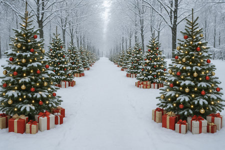 Snowy alley with christmas trees and gifts, celebrating winter magic and festive decor in a picturesque outdoor scene during the holiday season.の写真素材