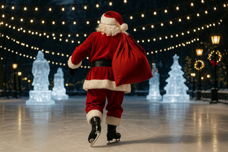 Santa claus skating on winter ice rink with festive lights and ice sculptures, evoking holiday spirit and joyful christmas celebrations in a snowy wonderland.の写真素材