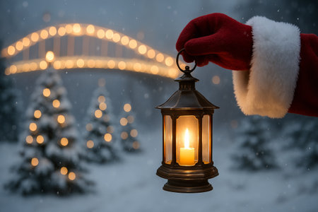 Santa's hand holding lantern in festive winter wonderland with snow and lights. concept of christmas night, holiday spirit, festive decor.の写真素材