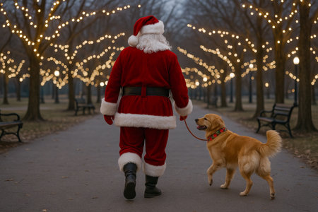 Santa claus walking a golden retriever in a festive park with twinkling holiday lights during winter evening. concept of christmas magic, dog companionship, joyful stroll.の写真素材