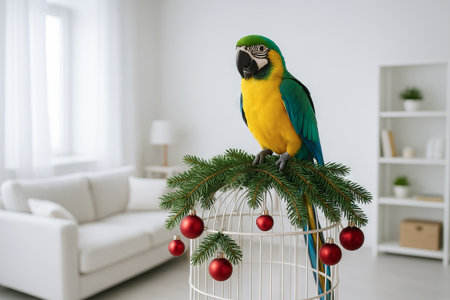Colorful parrot on festive cage with christmas decor in modern living room. concept of holiday...