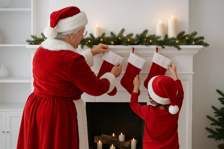 Cozy christmas scene with elderly woman and child hanging red stockings by the fireplace. concept of holiday tradition, family bonding, festive decor, christmas spirit.の写真素材