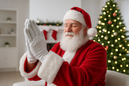 Santa claus sitting by a cozy fireplace with christmas decorations and holiday tree in the background. concept of festive season, winter holiday, celebration atmosphere.の写真素材
