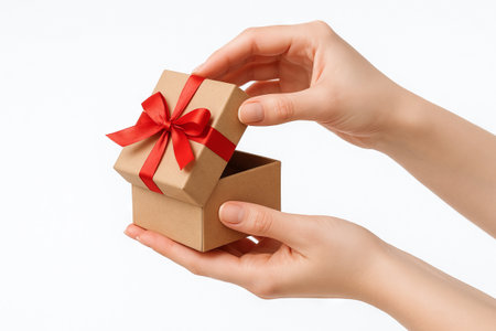 Hands opening a gift box with red ribbon for celebration on white background. concept of surprise,...