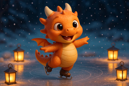 Adorable fantasy dragon skating on ice surrounded by lanterns illustration for winter adventure concept, cute character, whimsical nighttime scene.の写真素材