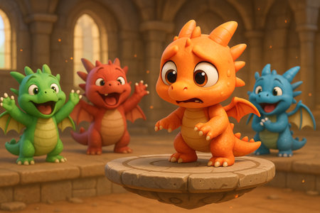 Nervous baby dragon in medieval castle surrounded by playful colorful dragons illustration. concept of friendship, adventure, fantasy creatures.の写真素材