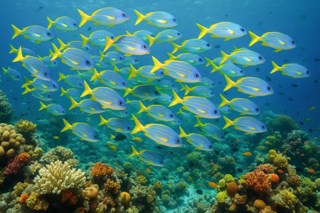 Vibrant tropical reef paradise with colorful fish swimming amidst coral in crystal clear ocean...