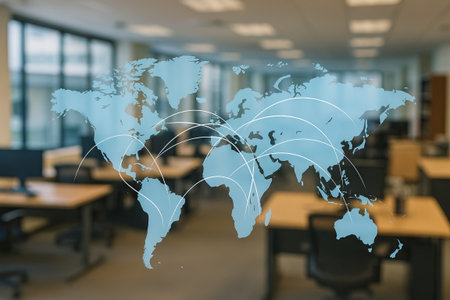 Global digital connectivity in a modern office setting highlighting worldwide communication networks...