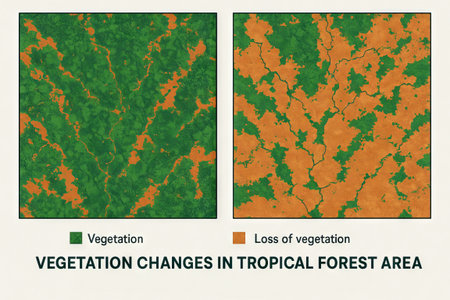 Tropical vegetation mapping showing dense greenery and areas of vegetation loss in forest regions....
