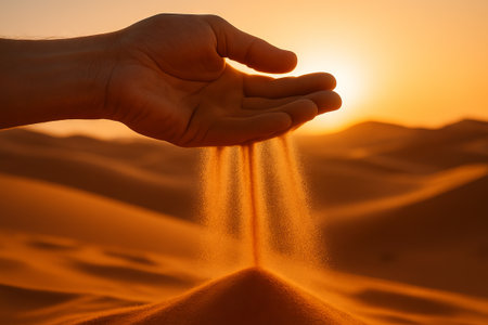 Golden sand grains flowing from hand in desert sunset. concept of serenity, nature's beauty, transient time.の写真素材