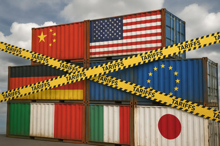 Stack of cargo containers with national flags of major economies and yellow tape marked tariffs....