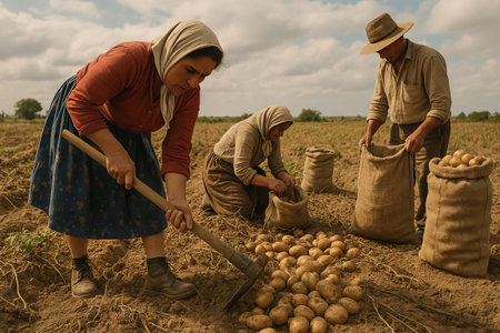 Traditional potato harvesting by farmers in rural field with sunny skies. concept of manual labor,...
