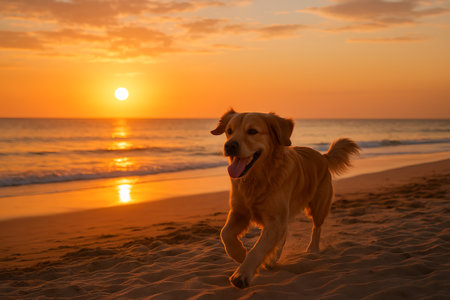 Golden retriever running on sunset beach with vibrant orange sky and ocean waves in tranquil summer evening scene. concept of joyful exercise, nature beauty, beach adventure.の写真素材