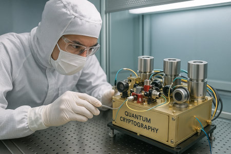 Scientist in protective gear conducting quantum cryptography experiment in laboratory setting....
