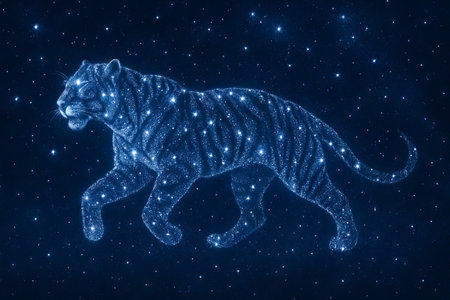 Starry tiger illustration in cosmic night sky with constellations and shimmering stars for mystical animal art, celestial design concepts, and nighttime wonder.の写真素材