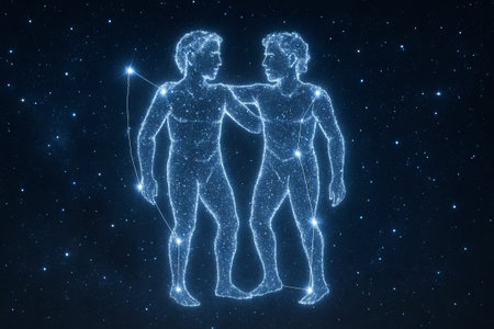 Starry twins constellation in night sky illustration featuring celestial bodies and cosmic beauty. concept of astrology, mythology, starlit night, astronomical art.の写真素材