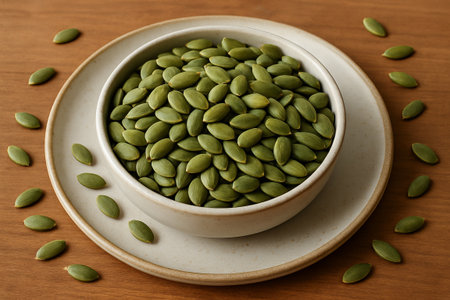Bowl of fresh green pumpkin seeds on wooden table highlighting simple healthy snack option and...