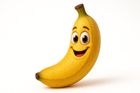 Smiling cartoon banana with big eyes on white background. concept of playful fruit illustration, cute character design, fun food art.の写真素材