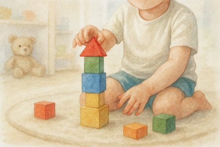 Watercolor illustration of a toddler playing with colorful stacking blocks in a cozy room with a teddy bear. concept of early childhood development, imaginative play, indoor fun.の写真素材