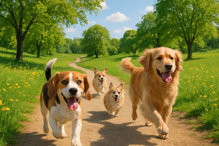 Joyful dogs running playfully in park surrounded by lush greenery and sunny sky, concept of happiness, outdoor fun, carefree canine adventure.の写真素材