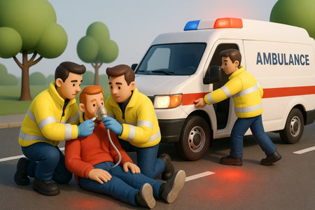 Emergency roadside rescue with paramedics assisting injured man near ambulance. concept of urgent medical care, life-saving actions, teamwork in emergency situations.の写真素材