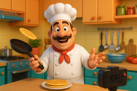 Cartoon chef hosting a fun cooking stream with pancakes in a cheerful kitchen setting. concept of...