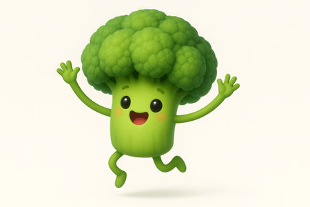 Happy cartoon dancing broccoli character with a joyful expression. concept of healthy eating, vegetable fun, animated food.の写真素材