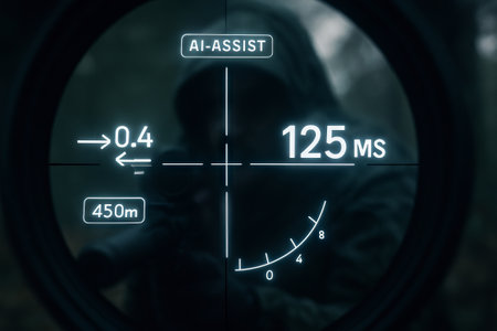 Ai-assisted sniper scope interface displaying distance and target details, featuring advanced technology for precision targeting in tactical environments.の写真素材