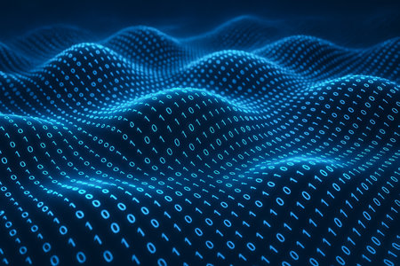 Glowing binary waves in digital ocean creating futuristic landscape of flowing data streams and technological innovation.の写真素材