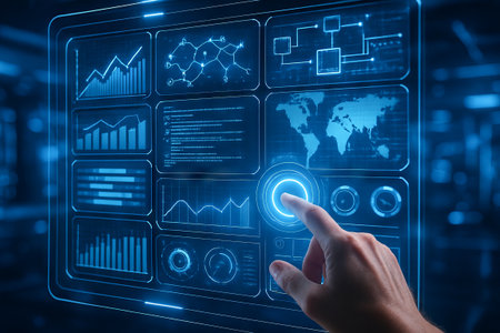 Interactive interface control with hand gesture in futuristic digital environment. concept of...