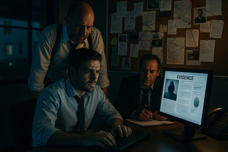 Office crime investigation scene with detectives analyzing evidence on computer screen, concept of mystery, law enforcement, detective work.の写真素材