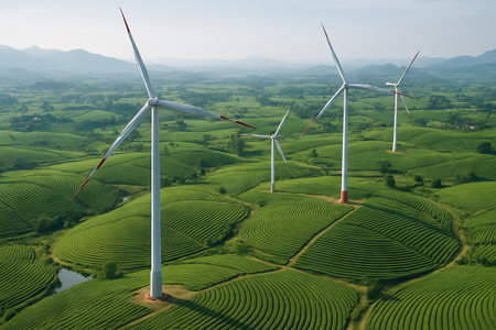 Scenic view of wind turbines over vast green plantations in rolling hills with mountains in background. concept of renewable energy, sustainable agriculture, landscape harmony.の写真素材