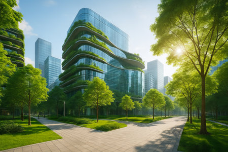 Eco-friendly urban oasis with modern architecture and lush green landscapes in a city environment, showcasing sustainable design and environmentally friendly innovation.の写真素材