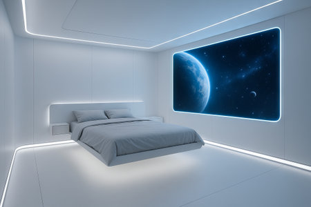 Futuristic bedroom with minimalist design featuring led lighting and planetary view in a sleek...