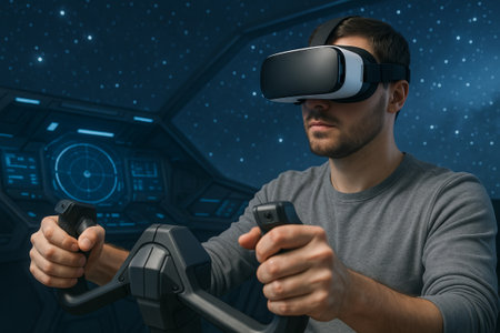 Virtual spacecraft flight simulation with virtual reality headset in futuristic cockpit background....