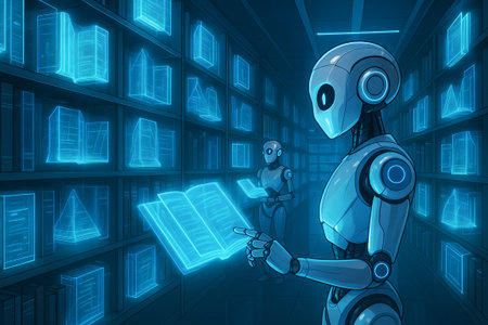 Futuristic library with holographic displays and robots navigating digital bookshelves. concept of advanced technology, ai, innovative learning, digital information access.の写真素材