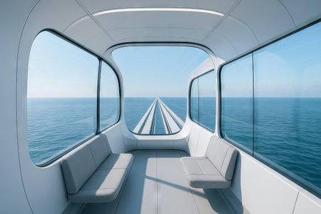 Futuristic train gliding over ocean with panoramic sea view from interior on a clear day. concept of...