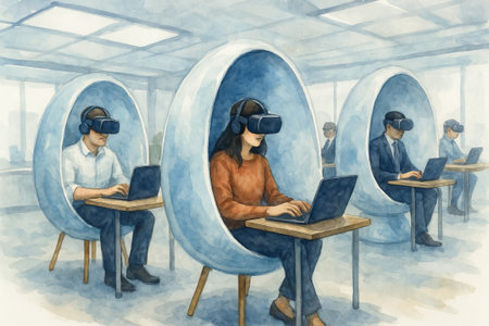 Virtual office in watercolor with people using vr headsets and laptops in modern workspace. concept of digital collaboration, immersive technology, remote working.の写真素材
