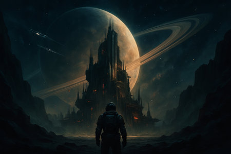 Cinematic sci-fi vision of a lone explorer gazing at a futuristic cityscape on a mysterious planet...