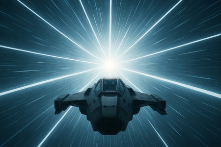 Hyperspace jump of spaceship illustration with dynamic light trails and futuristic sci-fi theme....