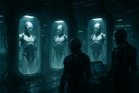Futuristic laboratory with humanoid robots in high-tech pods and scientists monitoring data. concept...