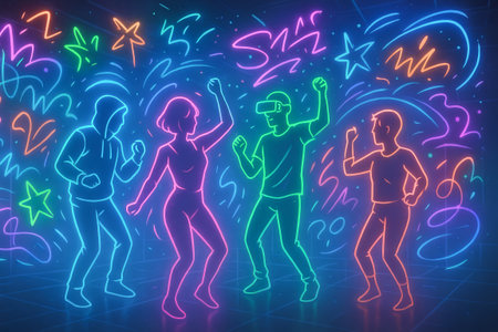 Neon illustration of virtual party in the metaverse with dancing figures in a futuristic space. concept of digital celebration, virtual reality, modern social gathering.の写真素材