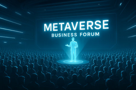 Business forum in metaverse with hologram speaker in futuristic digital conference setting. concept of virtual networking, innovative technology, global collaboration.の写真素材