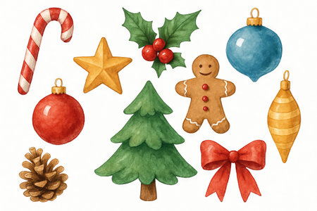 Watercolor christmas decorations featuring candy cane, gingerbread man, and holly leaves. concept of festive holiday decor, seasonal celebration, christmas cheer.の写真素材