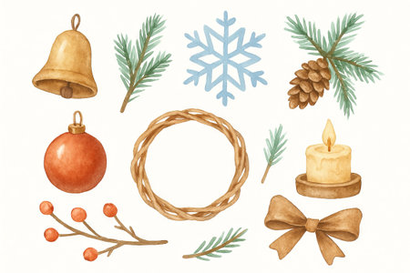 Watercolor winter decor with snowflake, candle, and pinecone elements for seasonal crafts and holiday design. concept of festive decoration, christmas art, winter illustration.の写真素材